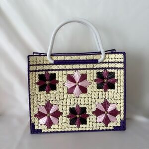 Vintage 70s woven raffia purple cream flower basket bag purse boho indie